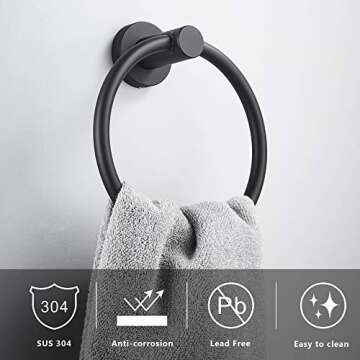 MARMOLUX ACC Black Towel Ring Hand Towel Holder Circle Round Towel Hanger Space Saver Bathroom Hardware Stainless Steel Heavy Duty Wall Mount BathTowel Rack, Rubber Matte Black