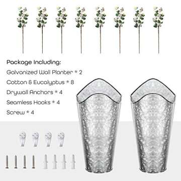 LIBWYS Galvanized Wall Planter 2 Sets and 8 Cottons Stems with Eucalyptus Metal Hanging Vase for Farmhouse Rustic Style Country Home Wall Decor