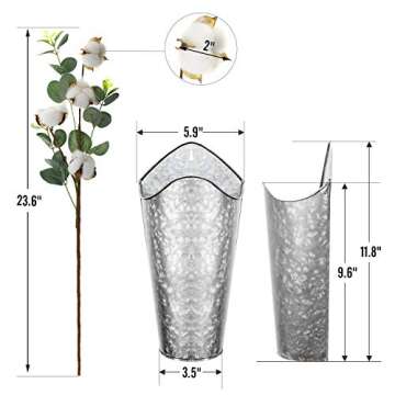 LIBWYS Galvanized Wall Planter 2 Sets and 8 Cottons Stems with Eucalyptus Metal Hanging Vase for Farmhouse Rustic Style Country Home Wall Decor