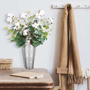 LIBWYS Galvanized Wall Planter 2 Sets and 8 Cottons Stems with Eucalyptus Metal Hanging Vase for Farmhouse Rustic Style Country Home Wall Decor