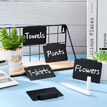 Plastic Basket Bin Label Clip on Removable Basket Label Clip with White Chalk Markers for Kitchen Pantry Storage Fabric Box Hanging Bin