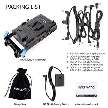 KOERTACOO V-Mount Lock Battery Plate Power Supply Splitter Adapter with 15mm Rod Clamp + NP-FZ100 Dummy Battery Compatible with Sony Alpha A6600,A7 III,A7R III,A7R IV,A7S III,A9,A9 II,A9R Cameras