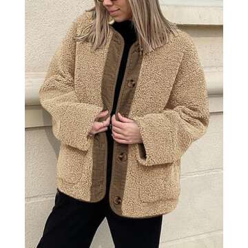 PRETTYGARDEN Women's Warm Winter Coats Casual Long Sleeve Button up Fuzzy Sherpa Fleece Jackets Outerwear (Khaki,X-Large)