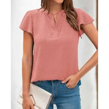 PRETTYGARDEN Womens Summer Tops 2025 Casual Ruffle Sleeve Pleated V Neck Shirts Dressy Swiss Dot T-S...