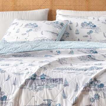 Full/Queen Coastal Quilt Bedding Set, Summer Coastal Quilt with Shams, Beach 3-Piece Reversible All ...