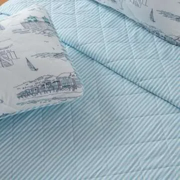 Full/Queen Coastal Quilt Bedding Set, Summer Coastal Quilt with Shams, Beach 3-Piece Reversible All Season Bedspread Quilt Set. Lightweight Nautical Quilted Coverlet. Cape Elizabeth Collection, Blue