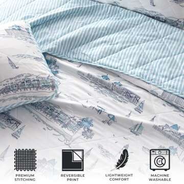 Full/Queen Coastal Quilt Bedding Set, Summer Coastal Quilt with Shams, Beach 3-Piece Reversible All Season Bedspread Quilt Set. Lightweight Nautical Quilted Coverlet. Cape Elizabeth Collection, Blue