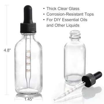 4 Pack 2 oz Glass Dropper Bottles with Measured Dropper - 60ml Clear Tincture Bottles with Calibrated Glass Eye Droppers (1ml) - Leakproof Essential Oil Bottles for Health, Personal Care & Beauty