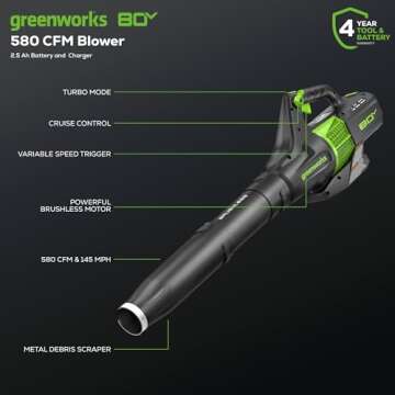 Greenworks 80V (145 MPH / 580 CFM / 75+ Compatible Tools) Cordless Brushless Axial Leaf Blower, 2.5A...