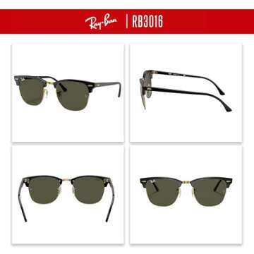 Ray-Ban RB3016 CLUBMASTER W0365 51MM Black on Gold/Crystal Lens G-15 Green Square Sunglasses For Men For Women + BUNDLE with Designer iWear Eyewear Kit
