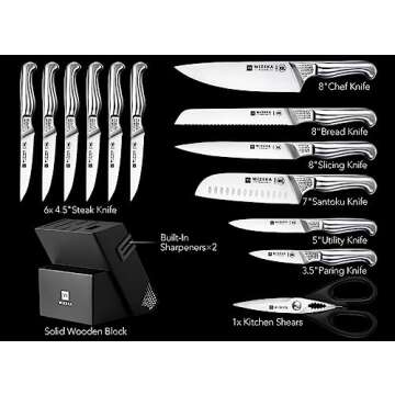WIZEKA 15PCS German Kitchen Knife Set with Block