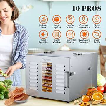 Septree Commercial Large 10 Trays Food Dehydrator, Usable Area up to 17ft², 1000W Detachable Full Stainless Steel Dryer Machine, up to 190℉ Temperature, for Meat, Fruit, Beef, Herbs, and Pet Food
