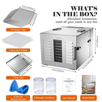 Septree Commercial Large 10 Trays Food Dehydrator, Usable Area up to 17ft², 1000W Detachable Full Stainless Steel Dryer Machine, up to 190℉ Temperature, for Meat, Fruit, Beef, Herbs, and Pet Food