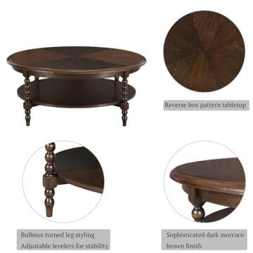 Martha Stewart Phillippe Round Lily Pond Collection, Coastal Coffee Shelving for Storage Cottage Inspired Living Room Table, 42" Wide, Brown