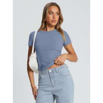 Trendy Queen Womens Basic T Shirts Summer Tops 2025 Crop Short Sleeve Y2k Tee Cute Gym Fashion Workout Clothes LightBlue M