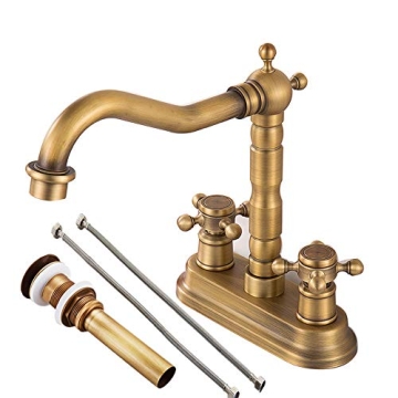 Gecious Antique Brass Centerset Faucet Two Handle with Pop-up Drain and Hoses, 360° Swivel Cross Kn...