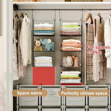 4 Tier Closet Hanging Organizer, Closet Organizers and Storage with 5 S Hooks, Closet Hanging Shelve...