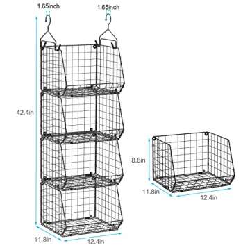 4 Tier Closet Hanging Organizer, Closet Organizers and Storage with 5 S Hooks, Closet Hanging Shelves & Freestanding Wire Storage Basket Bins, for Clothing Shoes Handbags Clutches Accessories Patent