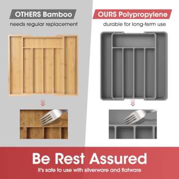 AUJEN Silverware Organizer - Expandable Kitchen Drawer Organizer, Adjustable Utensil Organizer, Cutlery Drawer Organizer for Forks, Knives, Multipurpose Kitchen Organizers and Storage Solution, Grey