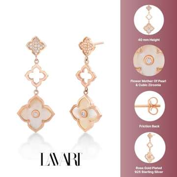Mother of Pearl and Cubic Zirconia Three Flower Drop Dangle Earrings for Women I Rose Gold Plated 925 Sterling Silver Earrings for Her I Push Back by Lavari Jewelers