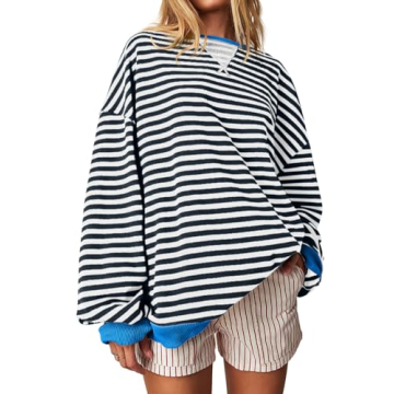 Fisoew Women's Striped Oversized Sweatshirt Stylish Casual Top