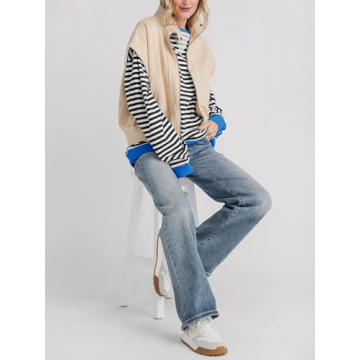 Fisoew Women's Striped Oversized Sweatshirt Stylish Casual Top