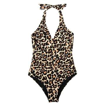 SUUKSESS Women Sexy Tummy Control One Piece Swimsuits Halter Push Up Monokini Bathing Suits (Leopard, M)