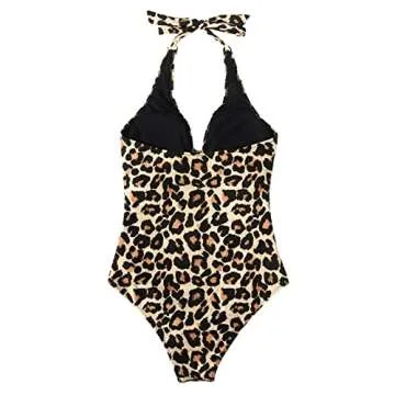 SUUKSESS Women Sexy Tummy Control One Piece Swimsuits Halter Push Up Monokini Bathing Suits (Leopard, M)