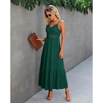 Dokuritu Cocktail Dress Green Dresses for Women Beach Crochet Lace Maxi Dress Summer Spaghetti Strap Long Dress Vacation Outfits 2024(DarkGreen,L)