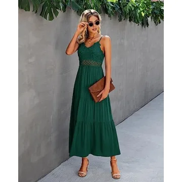 Dokuritu Cocktail Dress Green Dresses for Women Beach Crochet Lace Maxi Dress Summer Spaghetti Strap Long Dress Vacation Outfits 2024(DarkGreen,L)