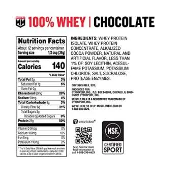 Muscle Milk 100% Whey Protein Powder, Chocolate, 5 Pound, 66 Servings, 25g Protein, 2g Sugar, Low in Fat, NSF Certified for Sport, Energizing Snack, Workout Recovery, Packaging May Vary