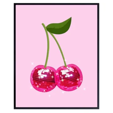 Trendy Retro Wall Art & Decor - Cherry Disco Ball Home Decor Poster - Pink Funky Living Room Wall Ar...