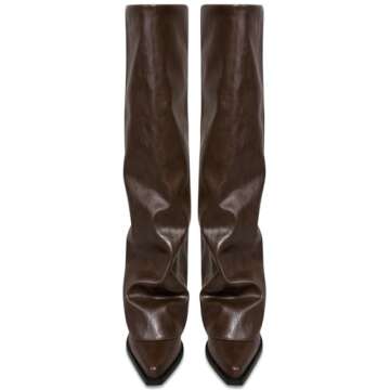 zhsrin Brown Fold Over Knee High Boots for Women with Zipper Pointed Toe Chunky Heel Shark Boots Baggy Shoes