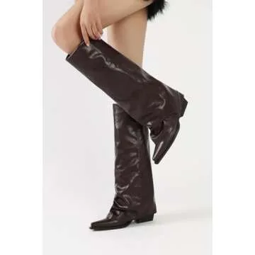zhsrin Brown Fold Over Knee High Boots for Women with Zipper Pointed Toe Chunky Heel Shark Boots Baggy Shoes