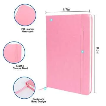 foroxin Lined Journal Notebook Pink Leather for Women Men 8.3 x 5.7 Large College Ruled 192 Pages 80gsm Hardcover Notebooks Work Home School with Elastic Band Closure and Ribbon Bookmark