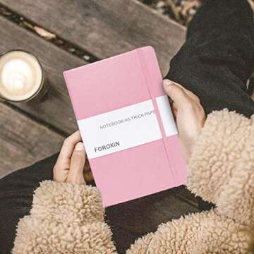 foroxin Lined Journal Notebook Pink Leather for Women Men 8.3 x 5.7 Large College Ruled 192 Pages 80gsm Hardcover Notebooks Work Home School with Elastic Band Closure and Ribbon Bookmark