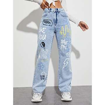 Floerns Women's Pattern Printed High Waist Wide Leg Straight Denim Jeans Pants Blue M