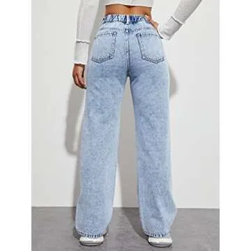 Floerns Women's Pattern Printed High Waist Wide Leg Straight Denim Jeans Pants Blue M