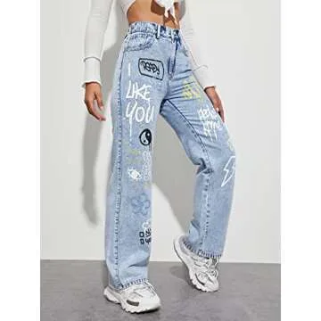 Floerns Women's Pattern Printed High Waist Wide Leg Straight Denim Jeans Pants Blue M