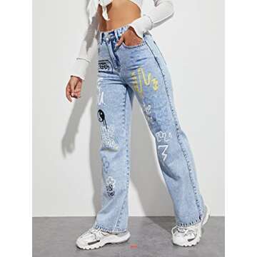 Floerns Women's Pattern Printed High Waist Wide Leg Straight Denim Jeans Pants Blue M