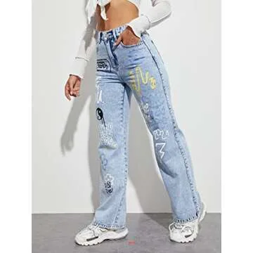 Floerns Women's Pattern Printed High Waist Wide Leg Straight Denim Jeans Pants Blue M