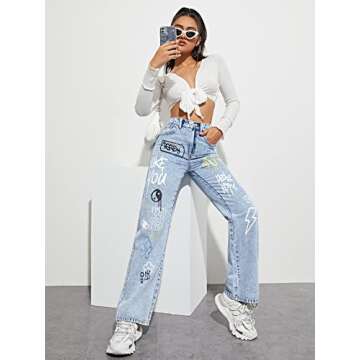 Floerns Women's Pattern Printed High Waist Wide Leg Straight Denim Jeans Pants Blue M