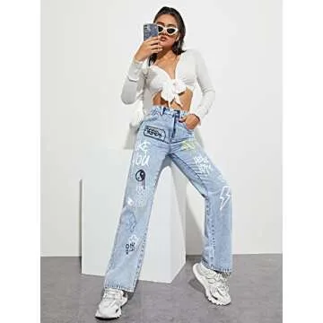 Floerns Women's Pattern Printed High Waist Wide Leg Straight Denim Jeans Pants Blue M