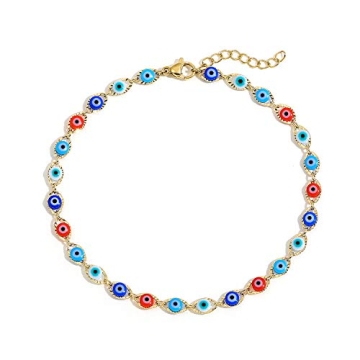 SLOONG Evil Eye Anklet Bracelets for Women 14K Gold Plated Beach Foot Anklet Bracelet Jewelry Beads ...