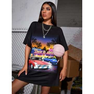 SOLY HUX Women's Casual Graphic Print T-shirt Dress Black L