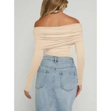 AGECODE Women's Sexy Off The Shoulder Ruched Layer Long Sleeve Bodysuit Tops Shirts Khaki X-Small