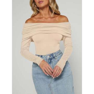 AGECODE Women's Sexy Off The Shoulder Ruched Layer Long Sleeve Bodysuit Tops Shirts Khaki X-Small