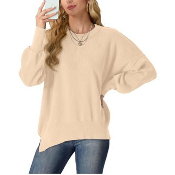 Stylish Women's Oversized Crewneck Sweater with Batwing Sleeves - Apricot