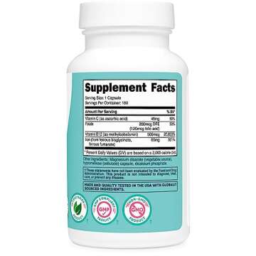 Nutricost Iron for Women 65mg, 180 Capsules, with Vitamin C, Folate, & Vitamin B12 - Vegetarian Friendly, Non-GMO, Gluten Free