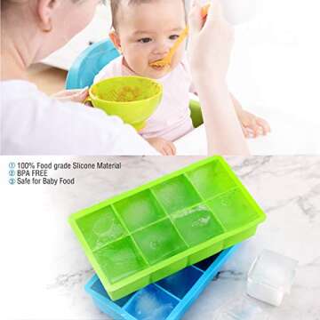 (2 Pack) Food Grade Large Silicone Ice Cube Trays,Limque 8 Ice Cube Mold with Removable Lid - for Whiskey, Cocktails, Ice Coffee Drinks, Juices, Baby Complementary Foods BPA Free